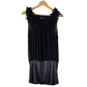 Indulgence London Black Mini Dress Semi Sheer Tunic Top Fringe Neckline Small